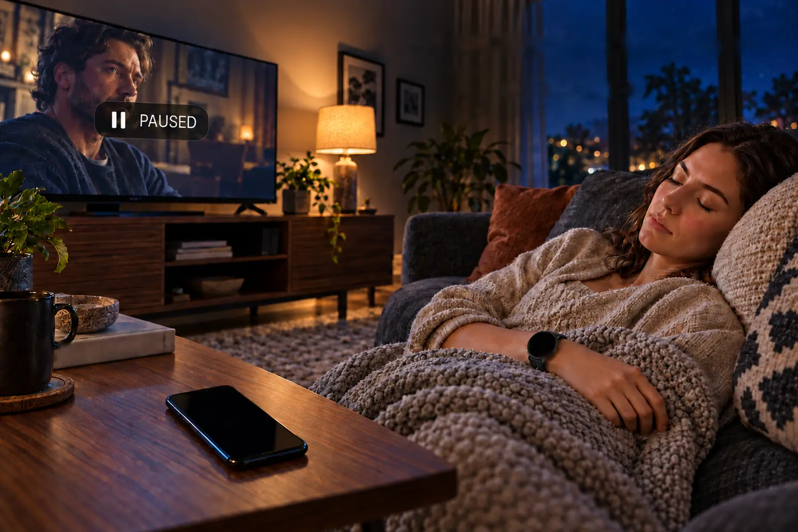 Illustration: a paused TV in a lamp-lit living room at night.
